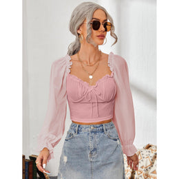 Women Sweetheart Neck Puff Sleeve Ruffles Fitted Crop Top