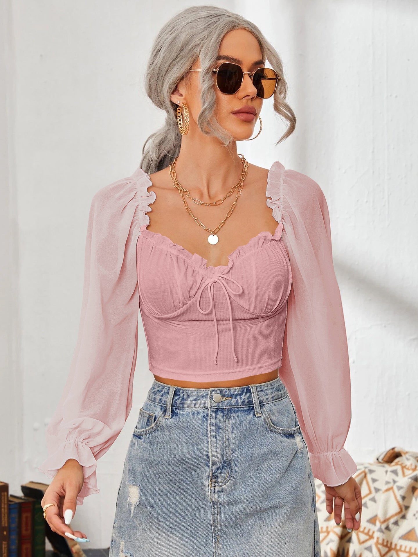 Women Sweetheart Neck Puff Sleeve Ruffles Fitted Crop Top