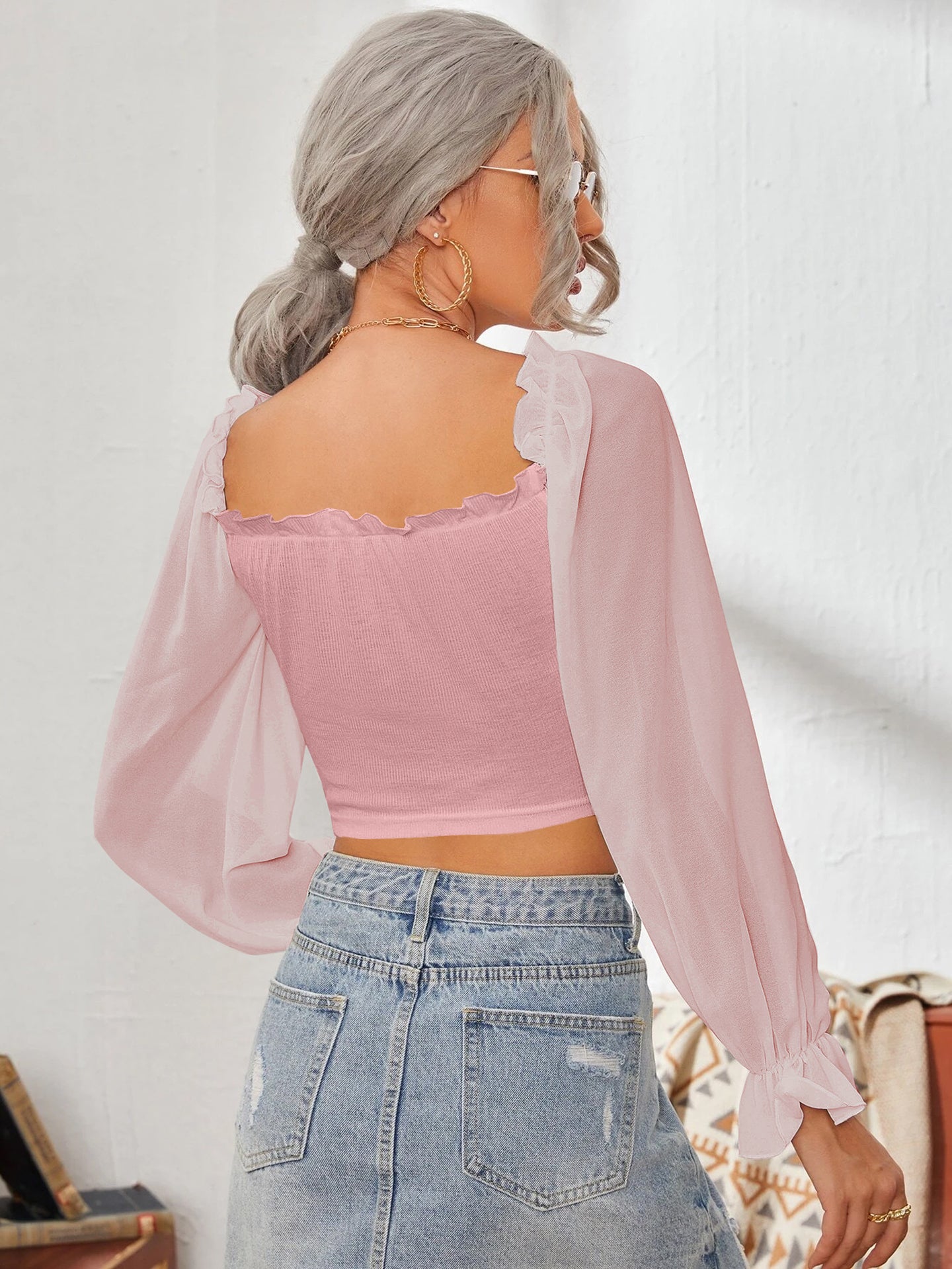 Women Sweetheart Neck Puff Sleeve Ruffles Fitted Crop Top