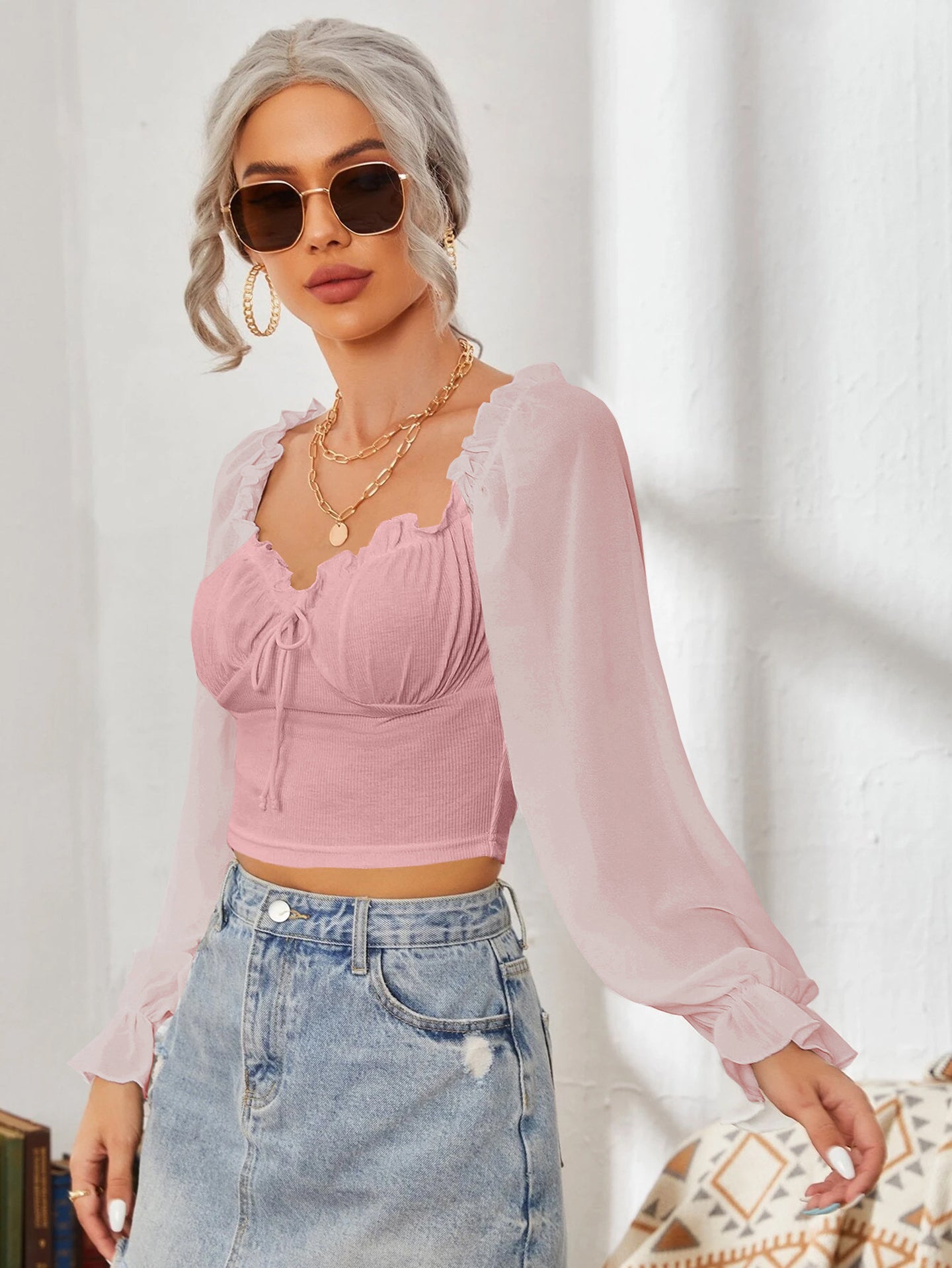 Women Sweetheart Neck Puff Sleeve Ruffles Fitted Crop Top