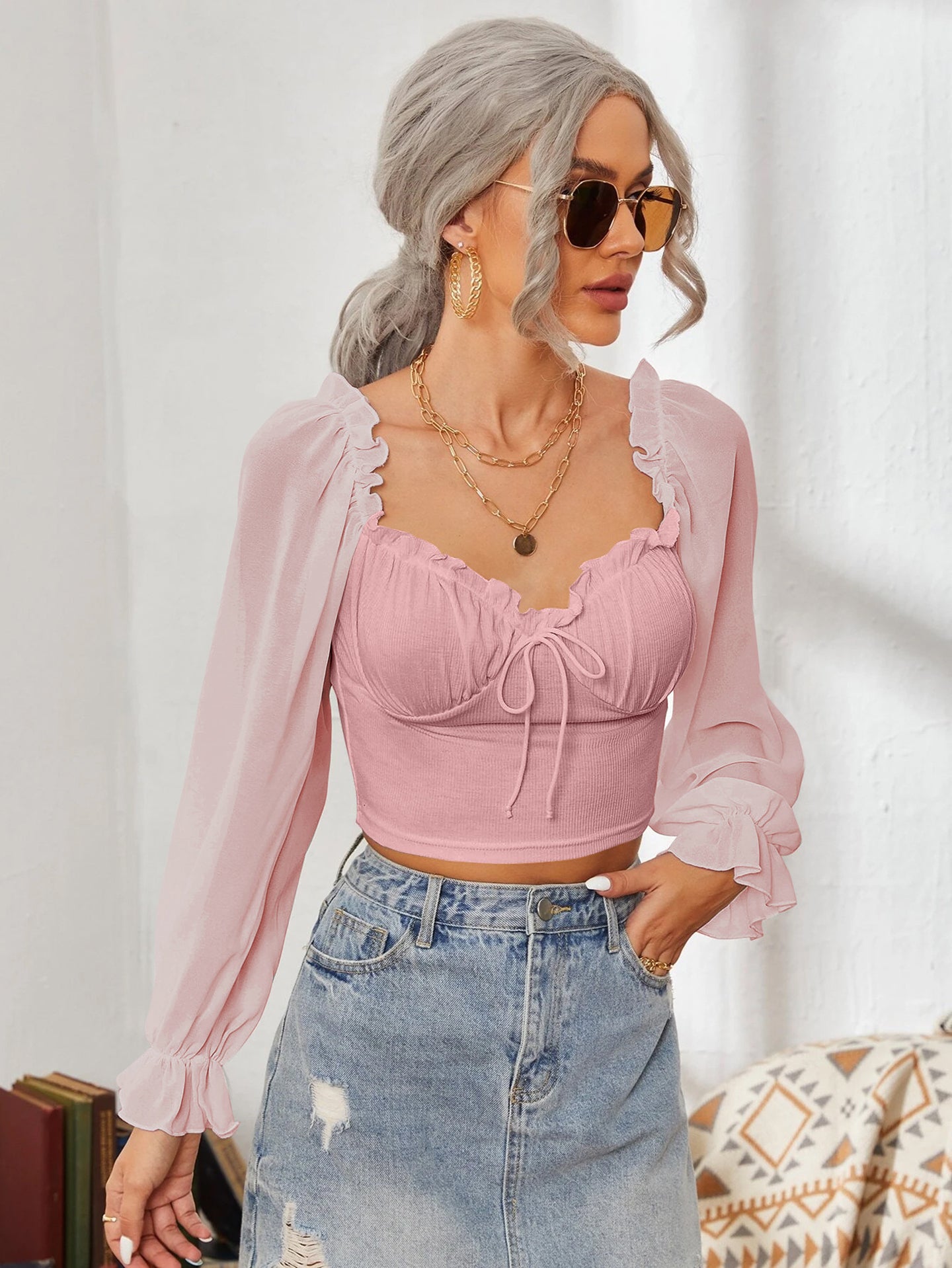 Women Sweetheart Neck Puff Sleeve Ruffles Fitted Crop Top