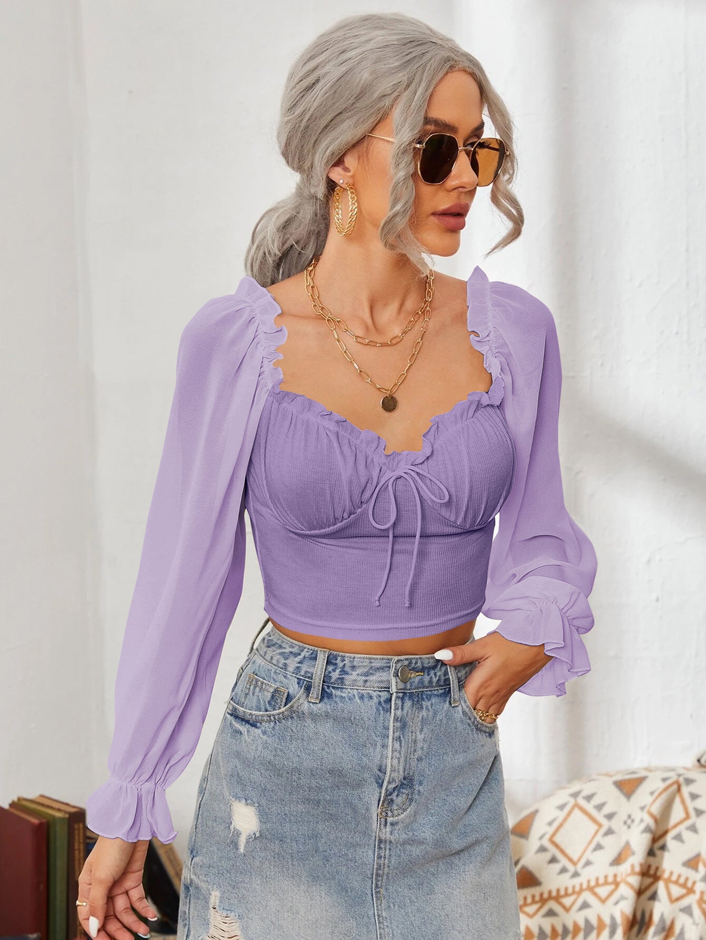 Women Sweetheart Neck Puff Sleeve Ruffles Tank Top