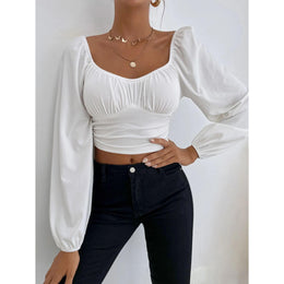 Women Square Neck Puff Sleeve Fitted Crop Top