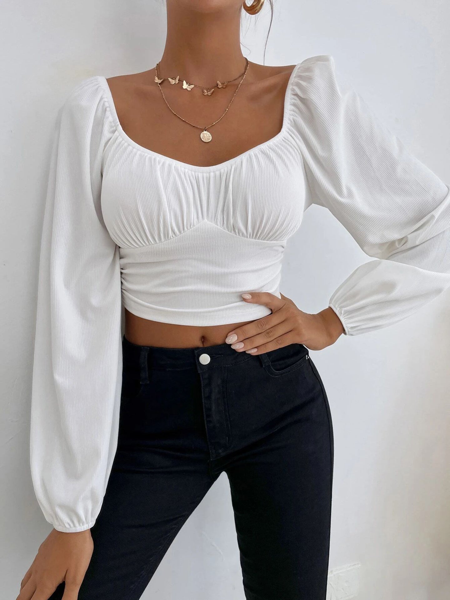 Women Square Neck Puff Sleeve Fitted Crop Top