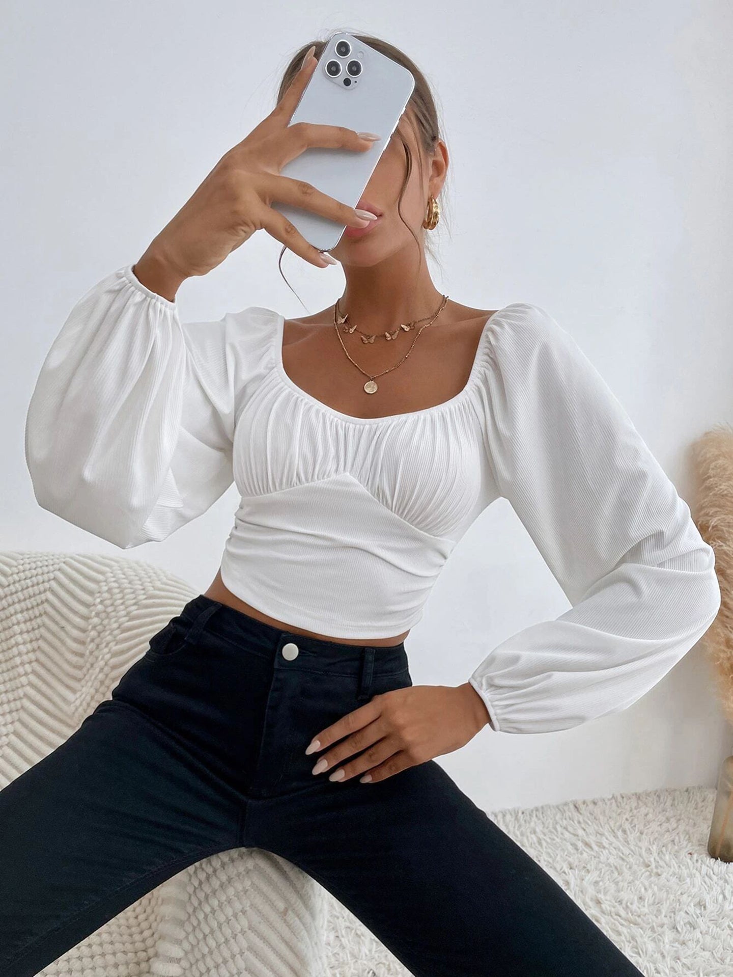 Women Square Neck Puff Sleeve Fitted Crop Top