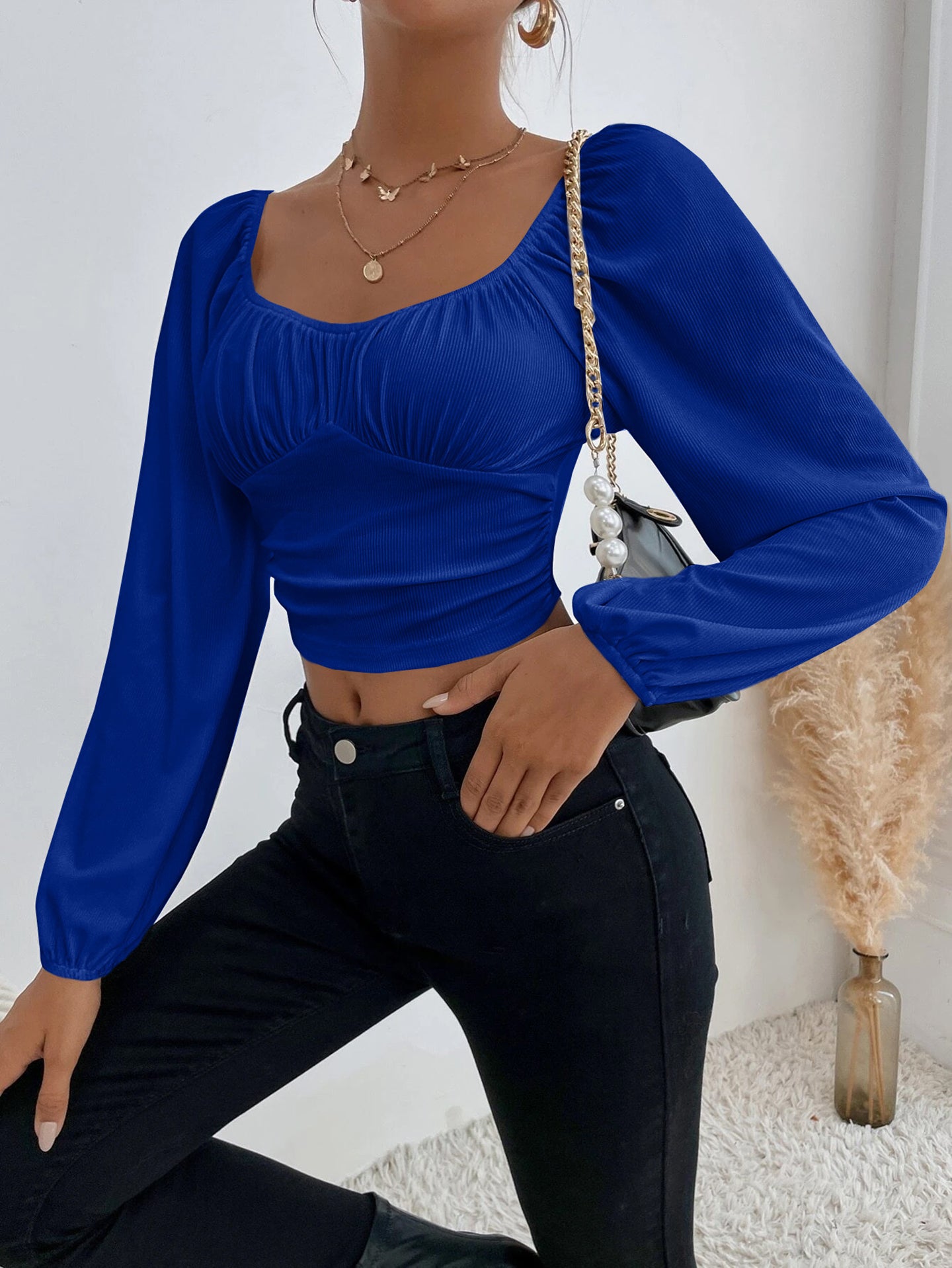 Women Square Neck Long Sleeves Tank Top