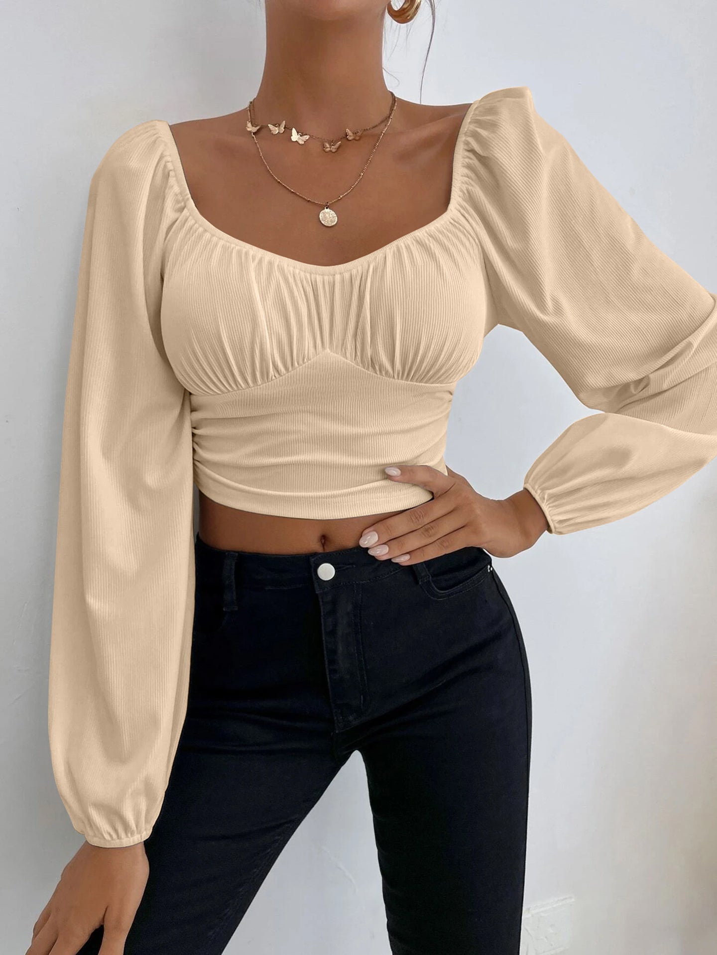 Women Sweetheart Neck Puff Sleeves Crop Top
