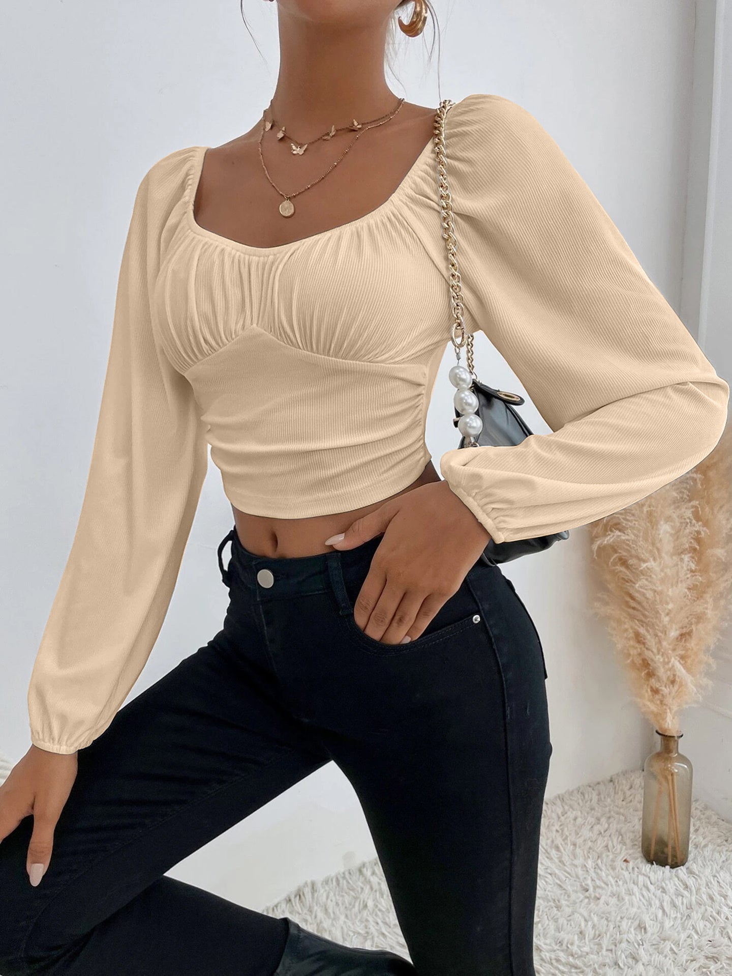 Women Sweetheart Neck Puff Sleeves Crop Top