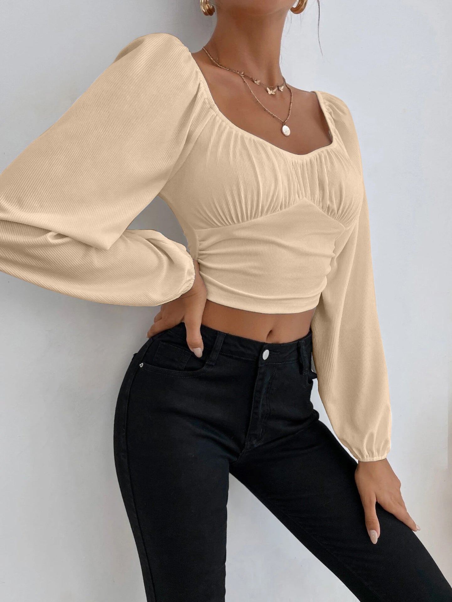Women Sweetheart Neck Puff Sleeves Crop Top