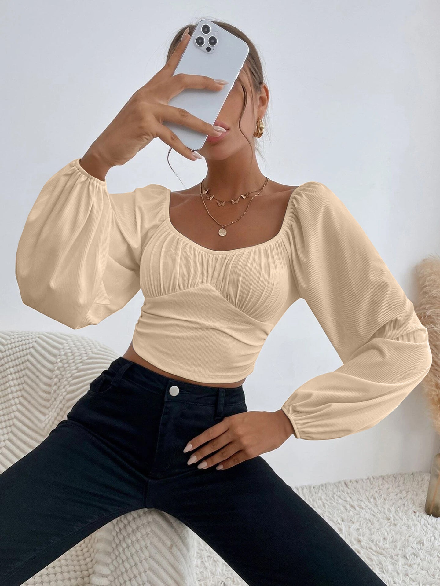 Women Sweetheart Neck Puff Sleeves Crop Top