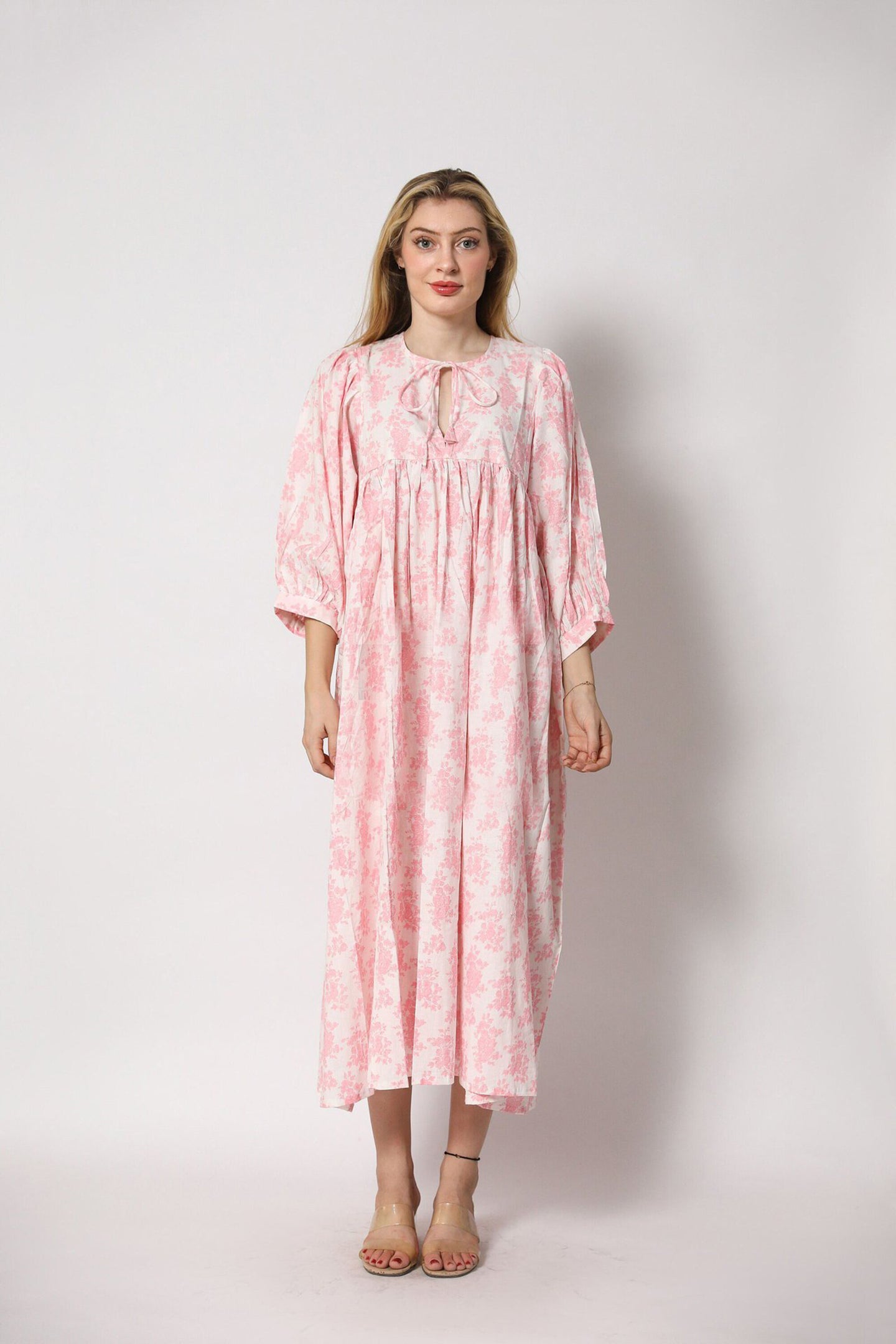 Pink Floral Keyhole Neck Midi Dress