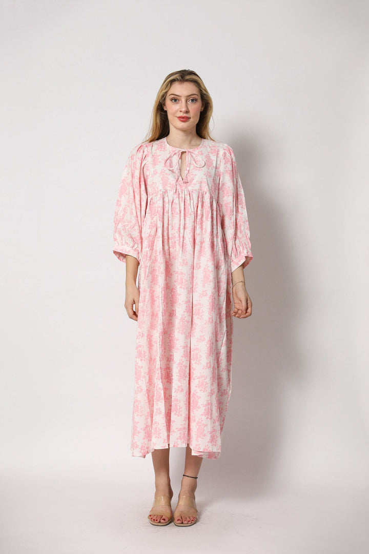 Pink Floral Keyhole Neck Midi Dress