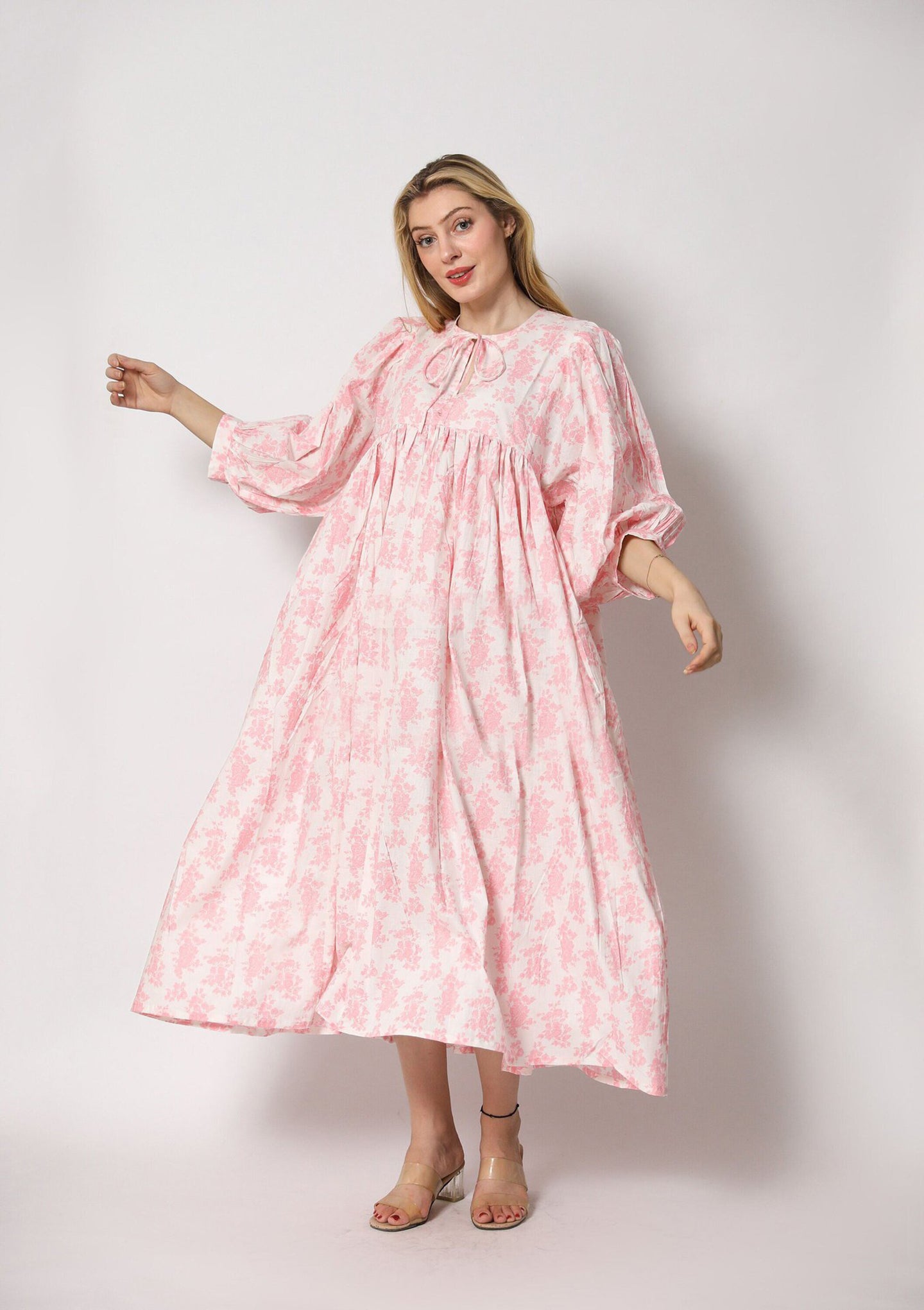 Pink Floral Keyhole Neck Midi Dress