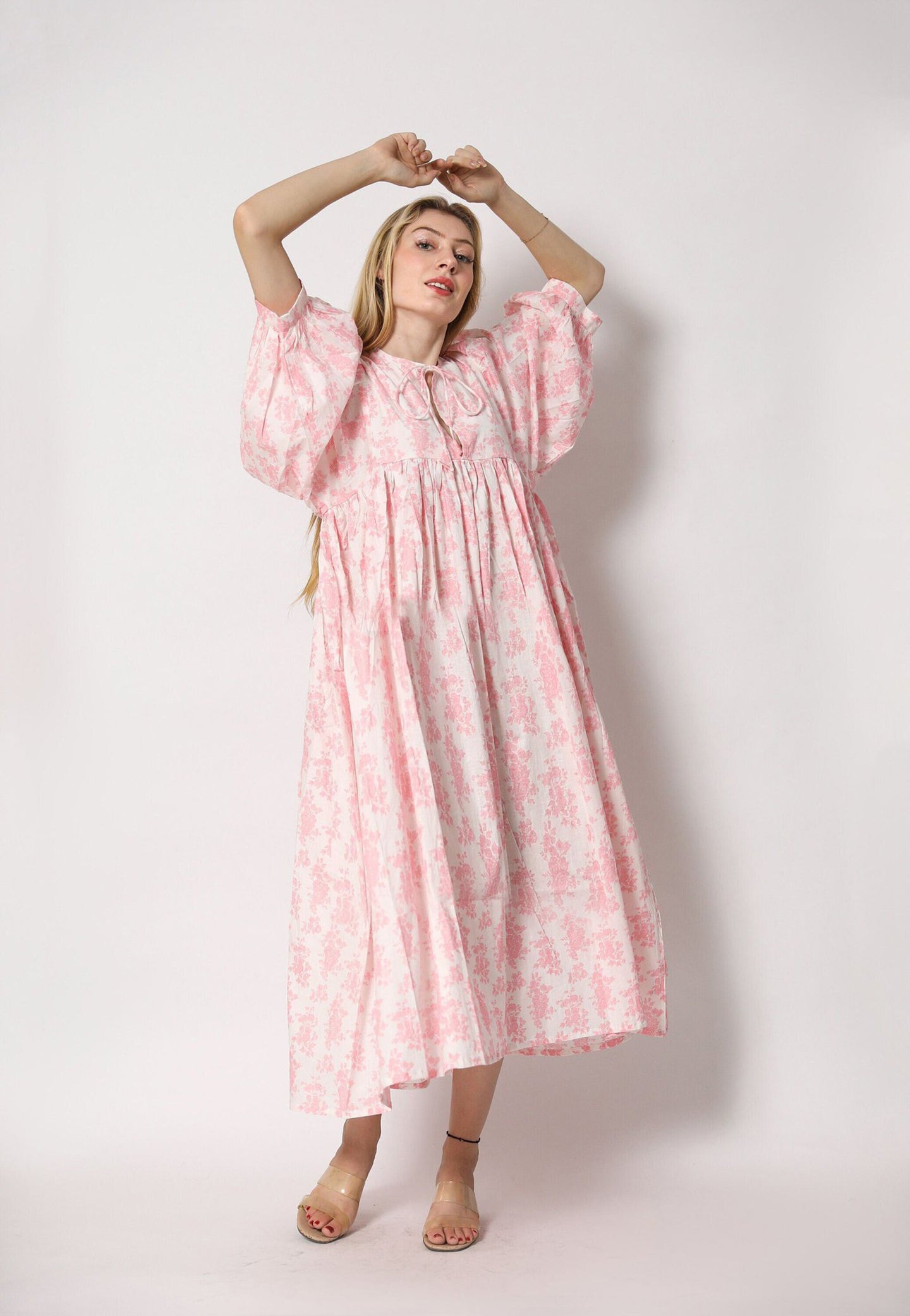 Pink Floral Keyhole Neck Midi Dress