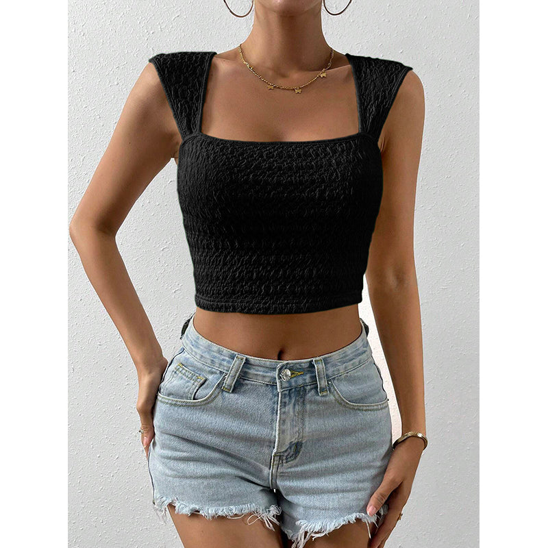 square neck shoulder straps self design fitted Crop Top