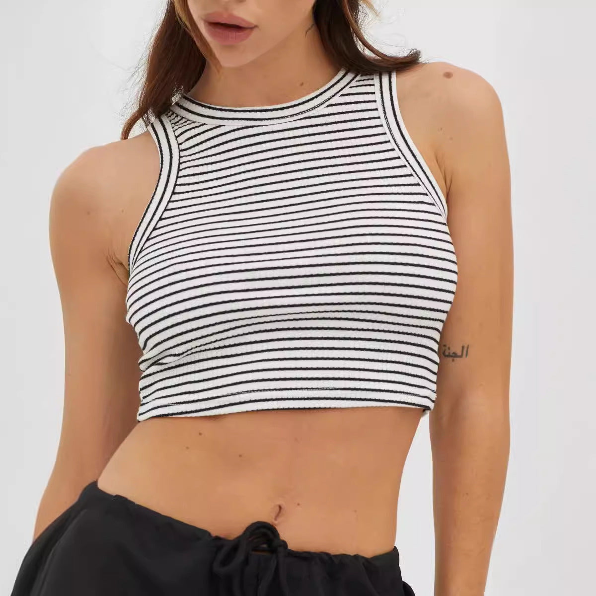 Women Striped Round Neck Crop Top