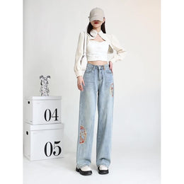 Women Wide Leg Low Distress Heavy Fade Printed Jeans