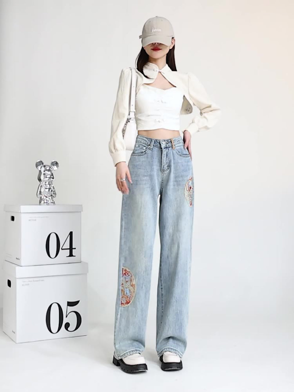 Women Wide Leg Low Distress Heavy Fade Printed Jeans