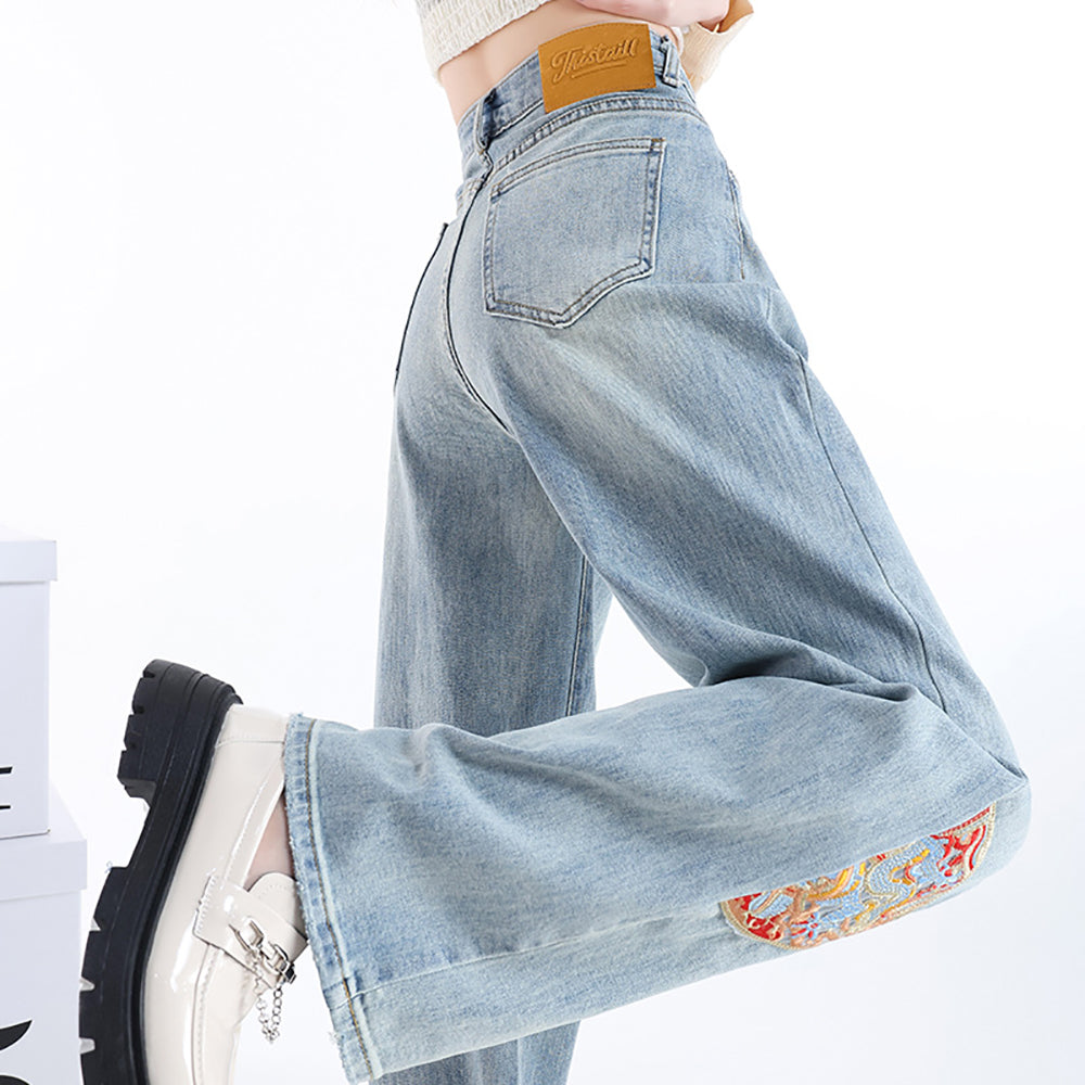 Women Wide Leg Low Distress Heavy Fade Printed Jeans