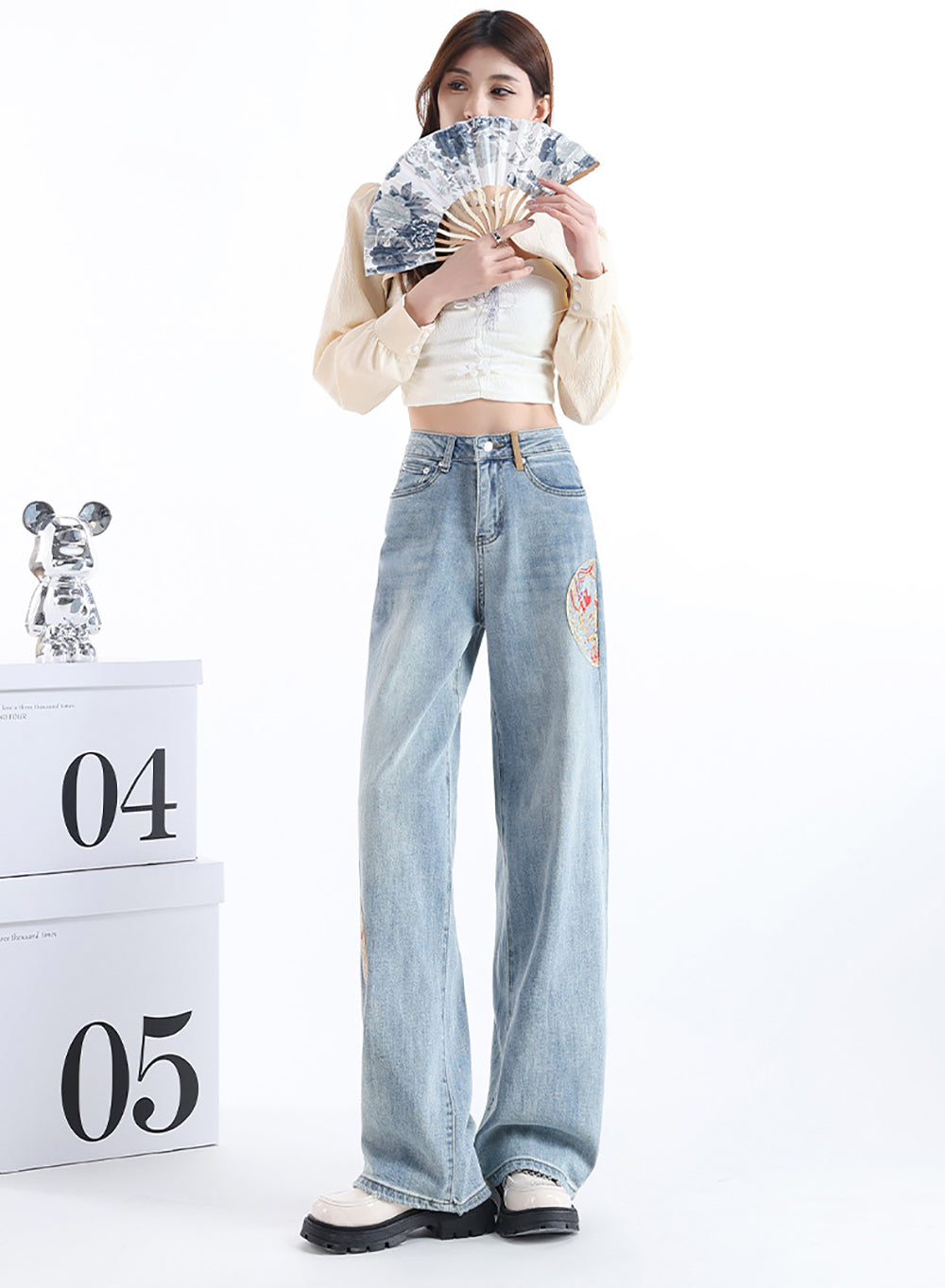 Women Wide Leg Low Distress Heavy Fade Printed Jeans