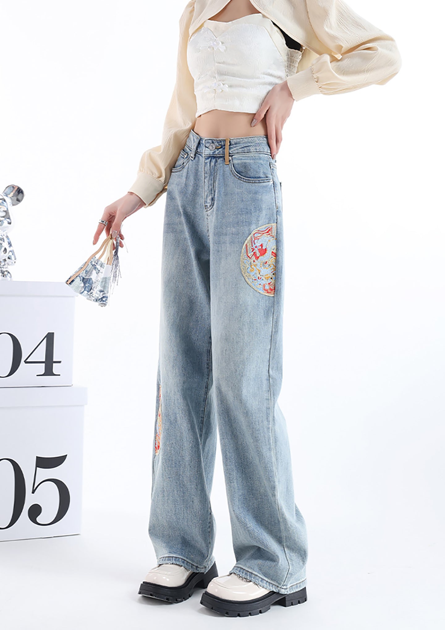 Women Wide Leg Low Distress Heavy Fade Printed Jeans