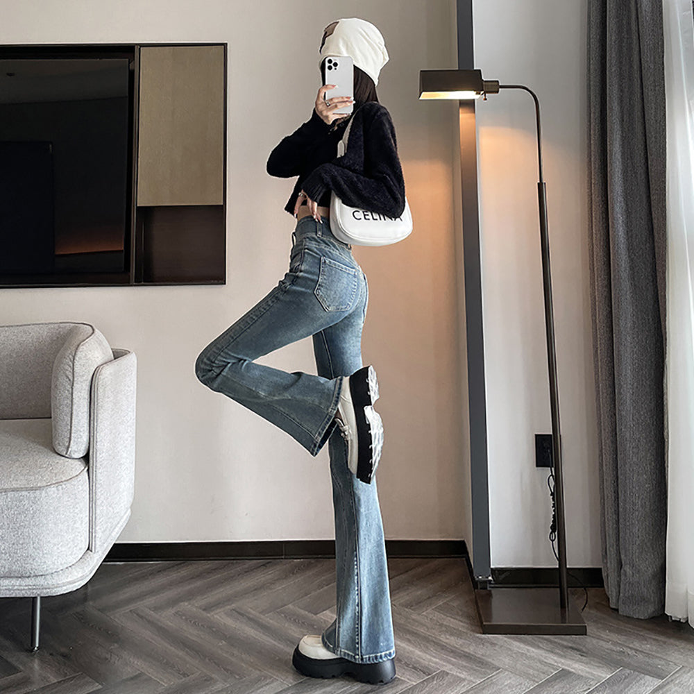 Women Flared Slash Knee Heavy Fade Jeans