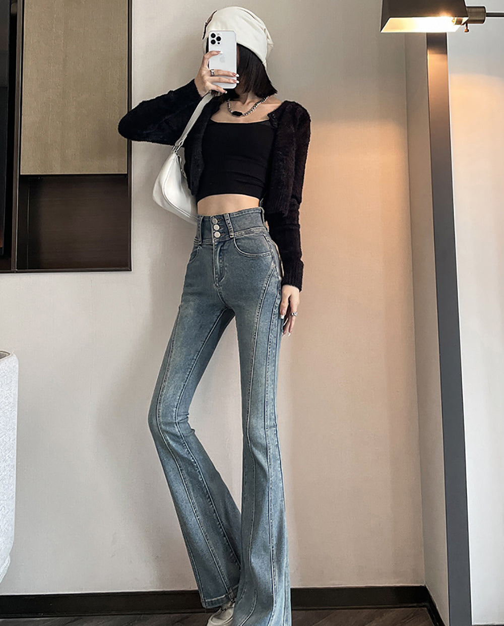 Women Flared Slash Knee Heavy Fade Jeans