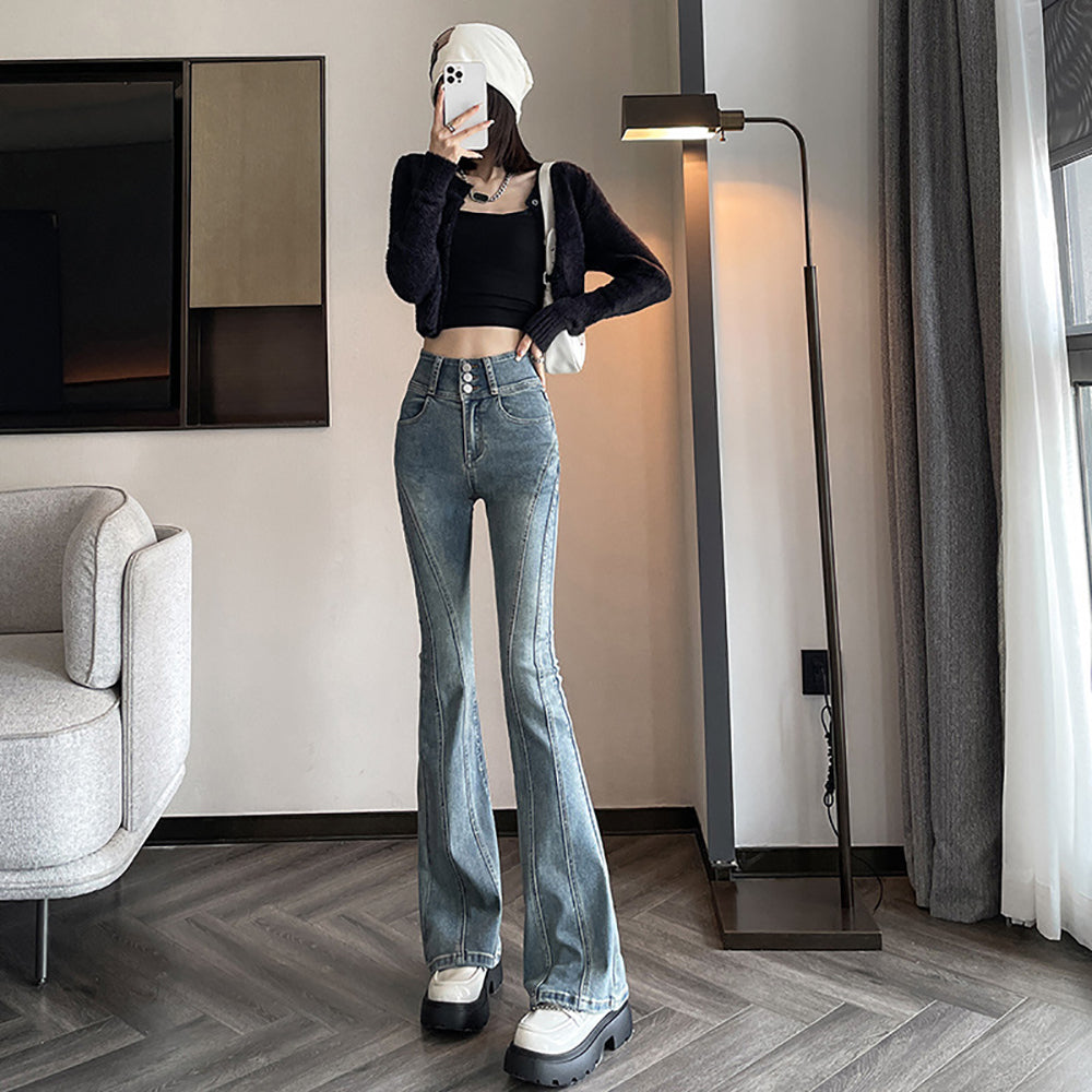 Women Flared Slash Knee Heavy Fade Jeans