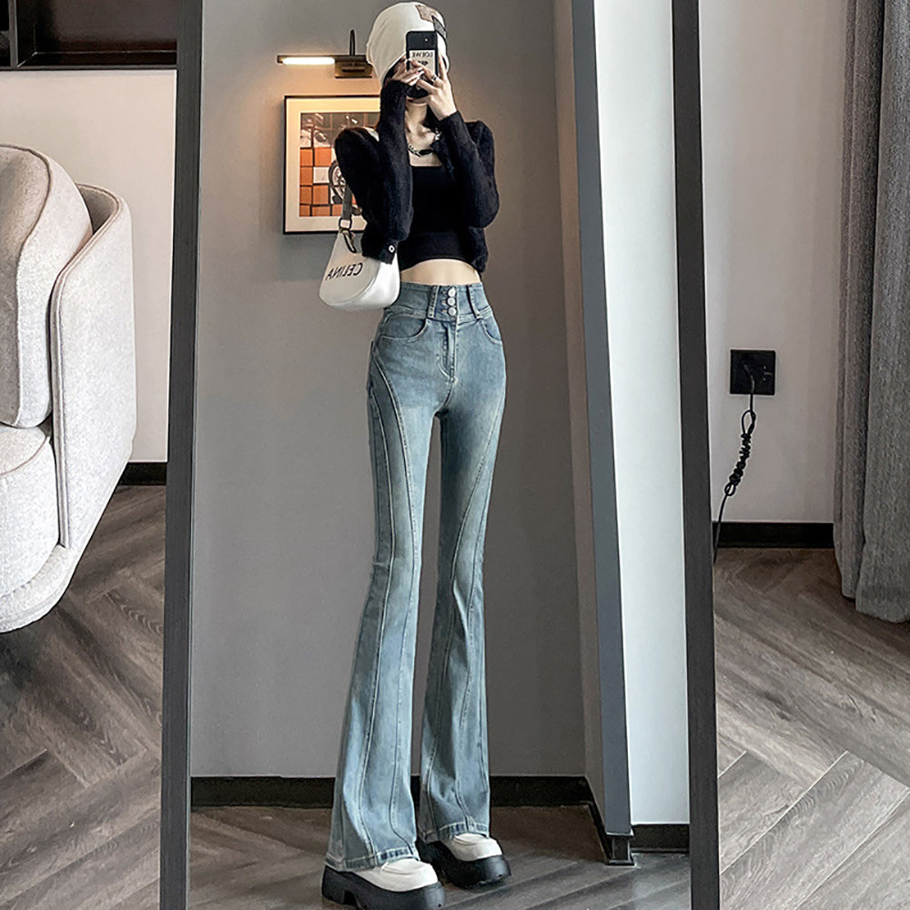 Women Flared Slash Knee Heavy Fade Jeans
