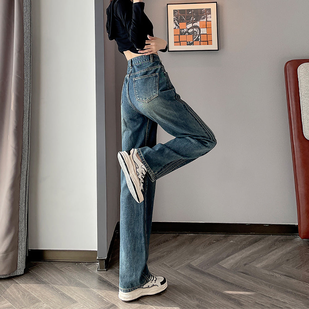 Women Wide Leg Slash Knee Jeans