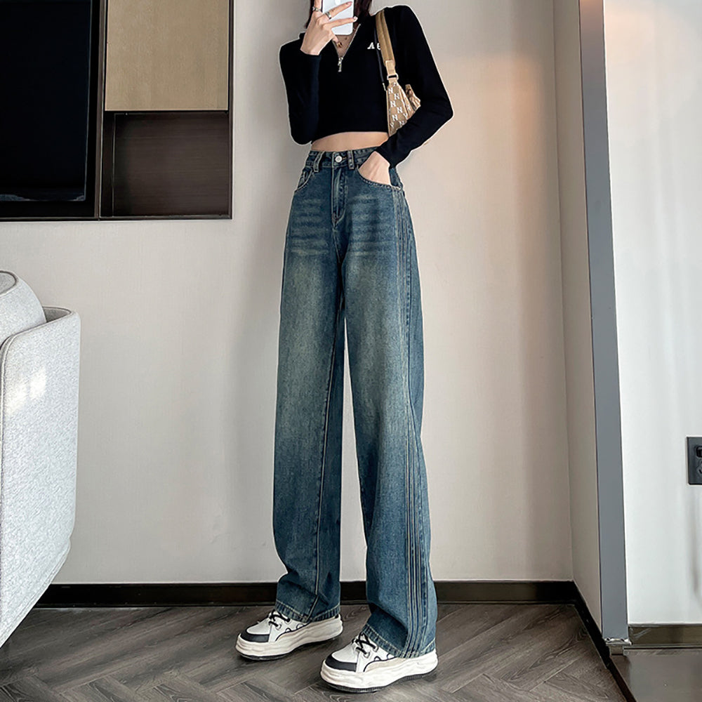 Women Wide Leg Slash Knee Jeans