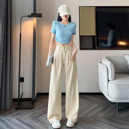 Women Wide Leg Slash Knee Light Fade Jeans