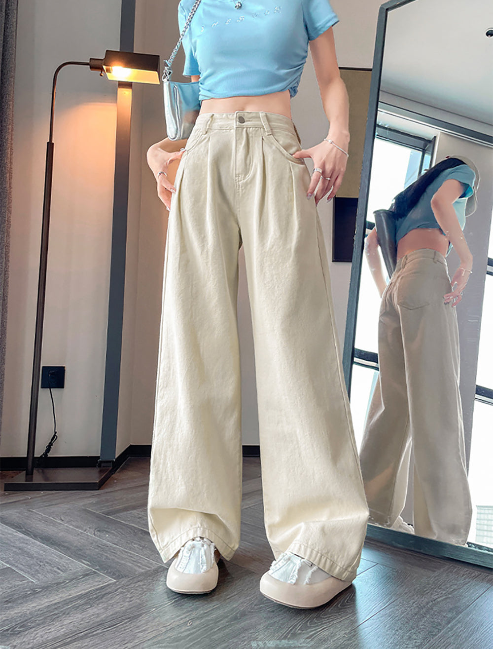 Women Wide Leg Slash Knee Light Fade Jeans