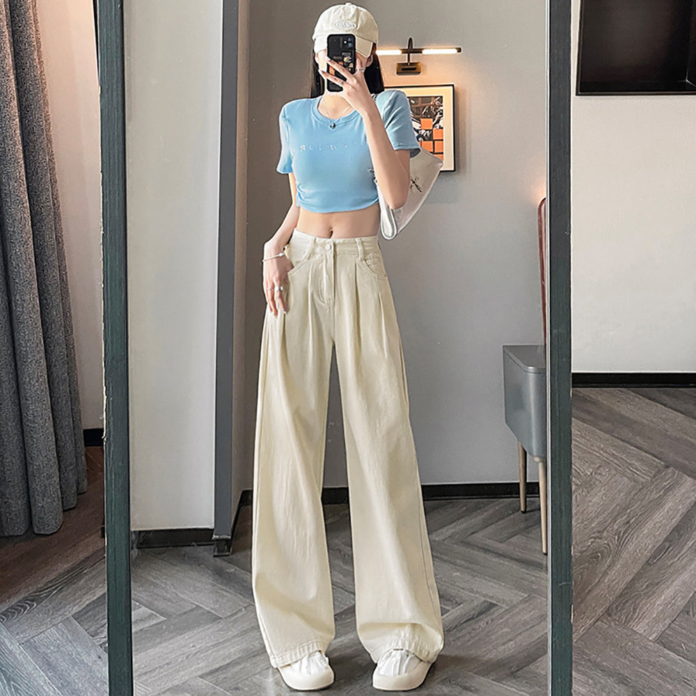 Women Wide Leg Slash Knee Light Fade Jeans