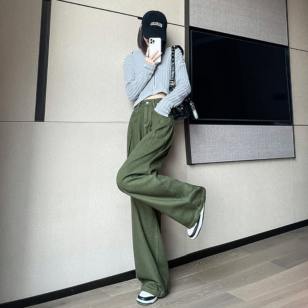 Women Wide Leg Slash Knee Jeans