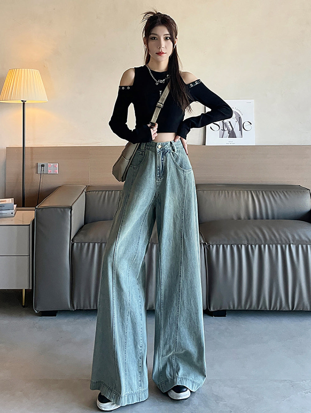 Women Wide Leg Highly Distressed Heavy Fade Jeans