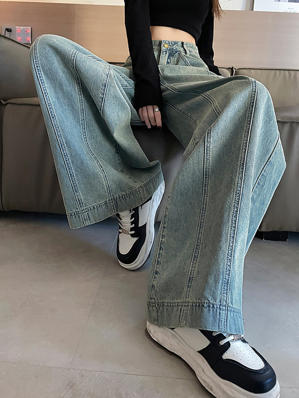 Women Wide Leg Highly Distressed Heavy Fade Jeans