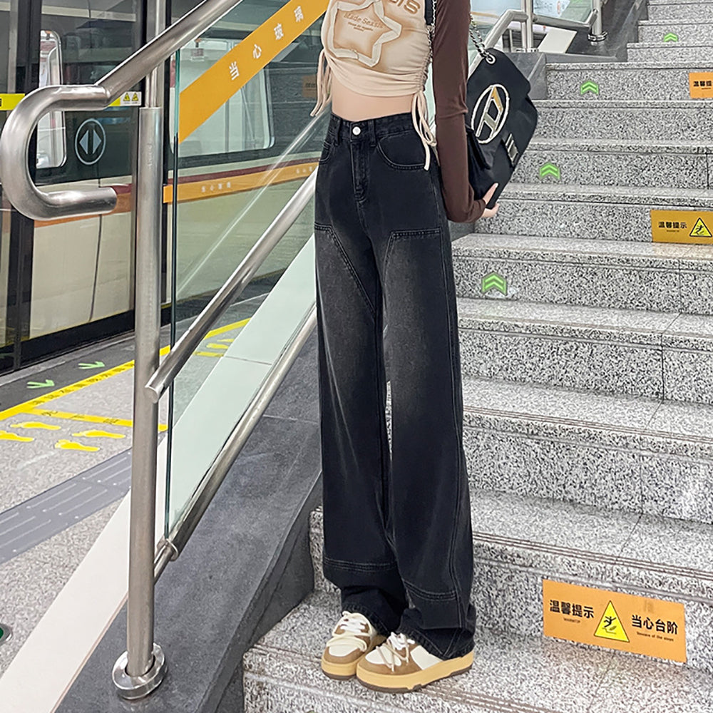 Women Wide Leg Slash Knee Light Fade Jeans