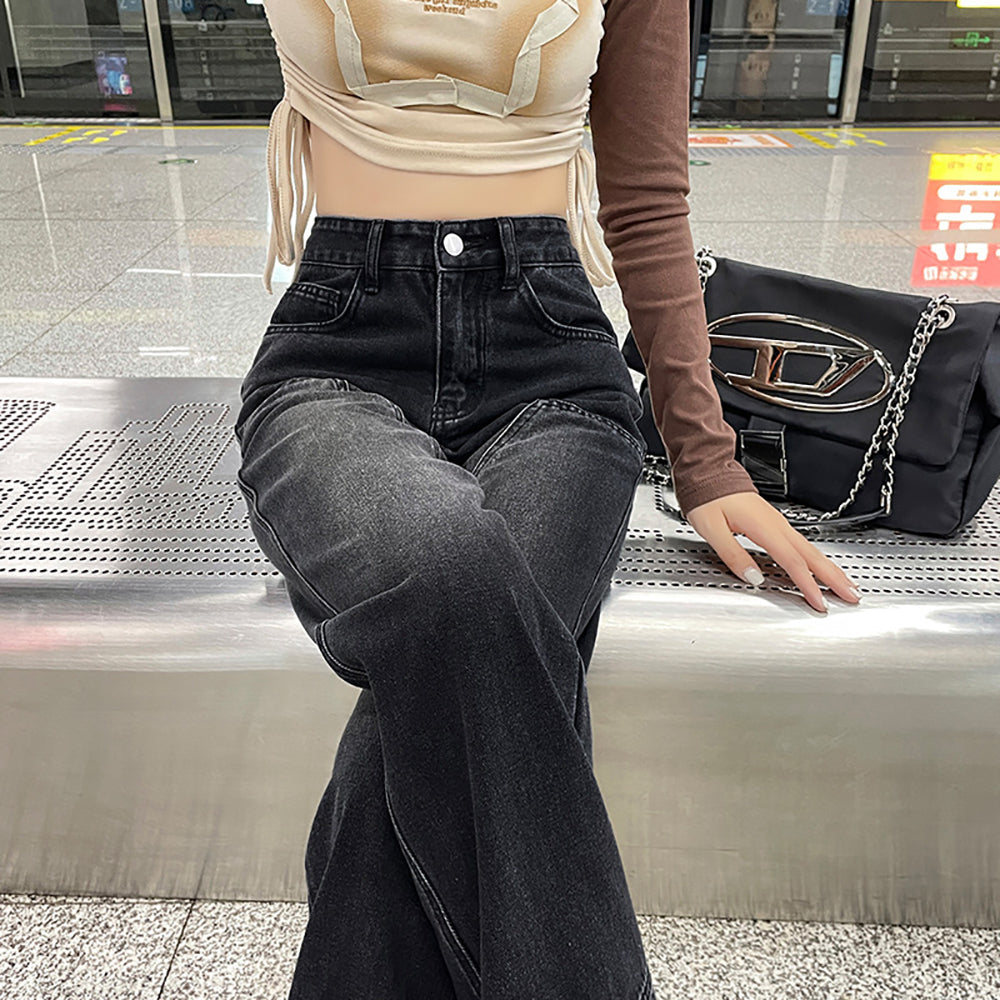 Women Wide Leg Slash Knee Light Fade Jeans