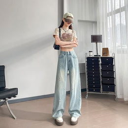 Women Wide Leg Highly Distressed Heavy Fade Jeans