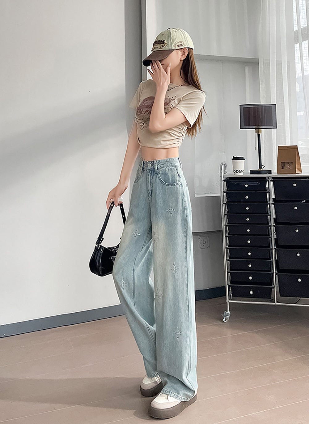Women Wide Leg Highly Distressed Heavy Fade Jeans