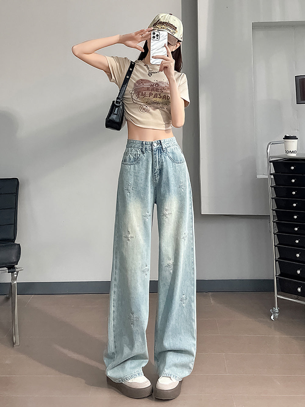 Women Wide Leg Highly Distressed Heavy Fade Jeans