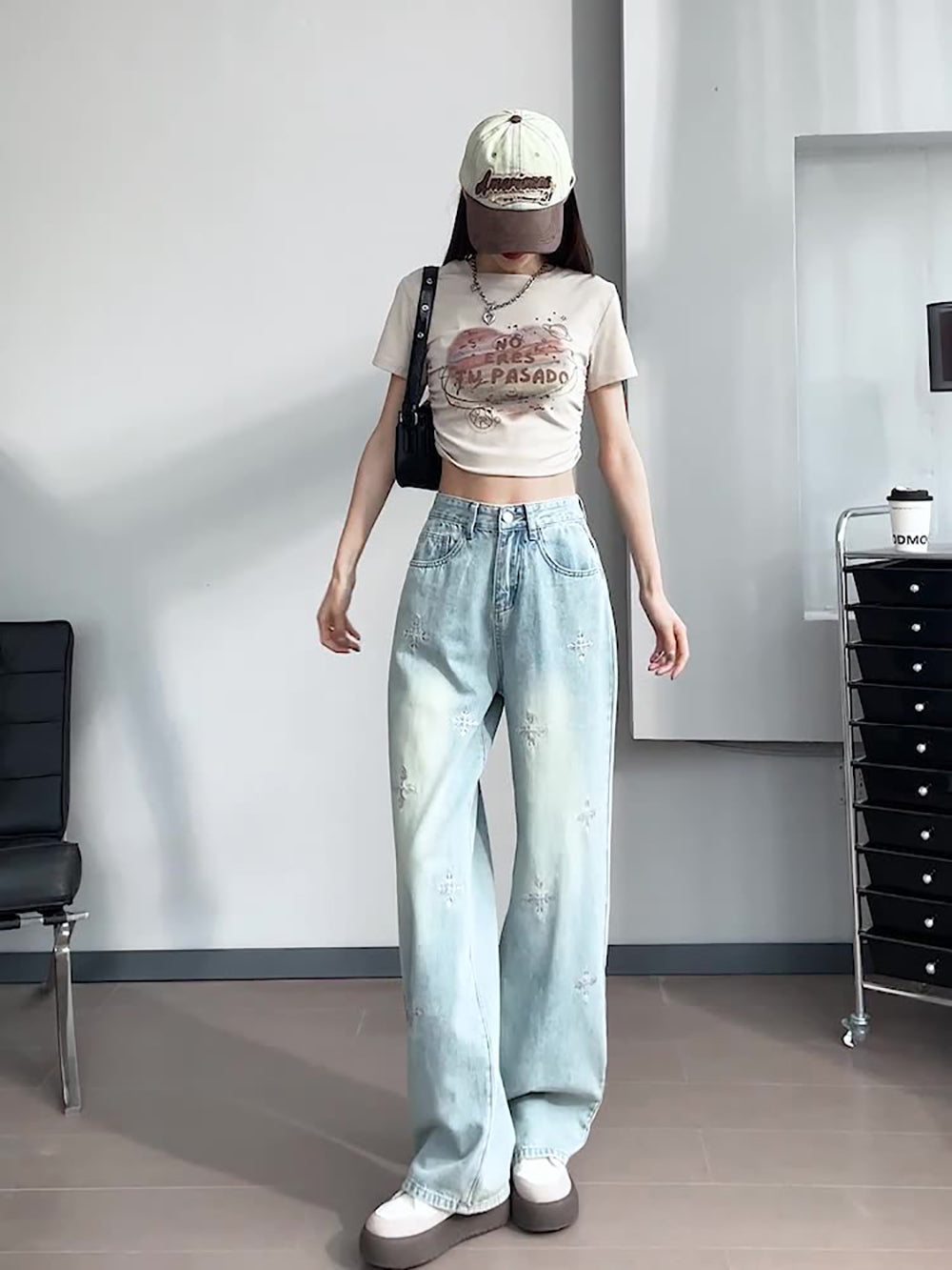 Women Wide Leg Highly Distressed Heavy Fade Jeans