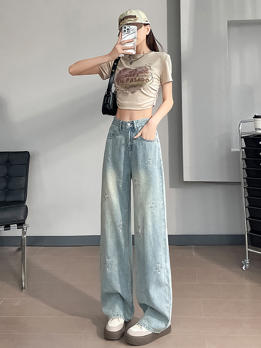 Women Wide Leg Highly Distressed Heavy Fade Jeans
