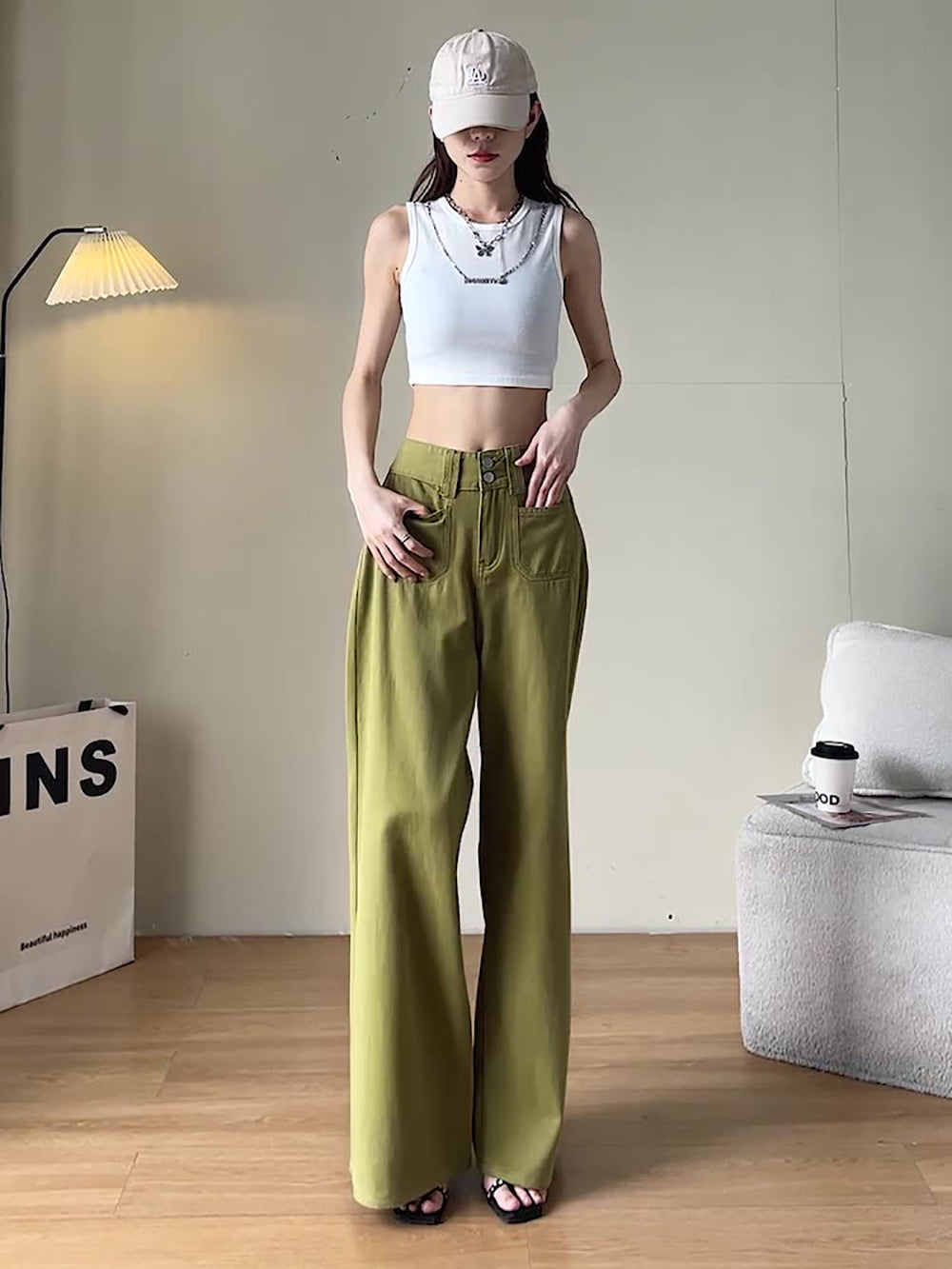 Women Wide Leg Slash Knee Jeans