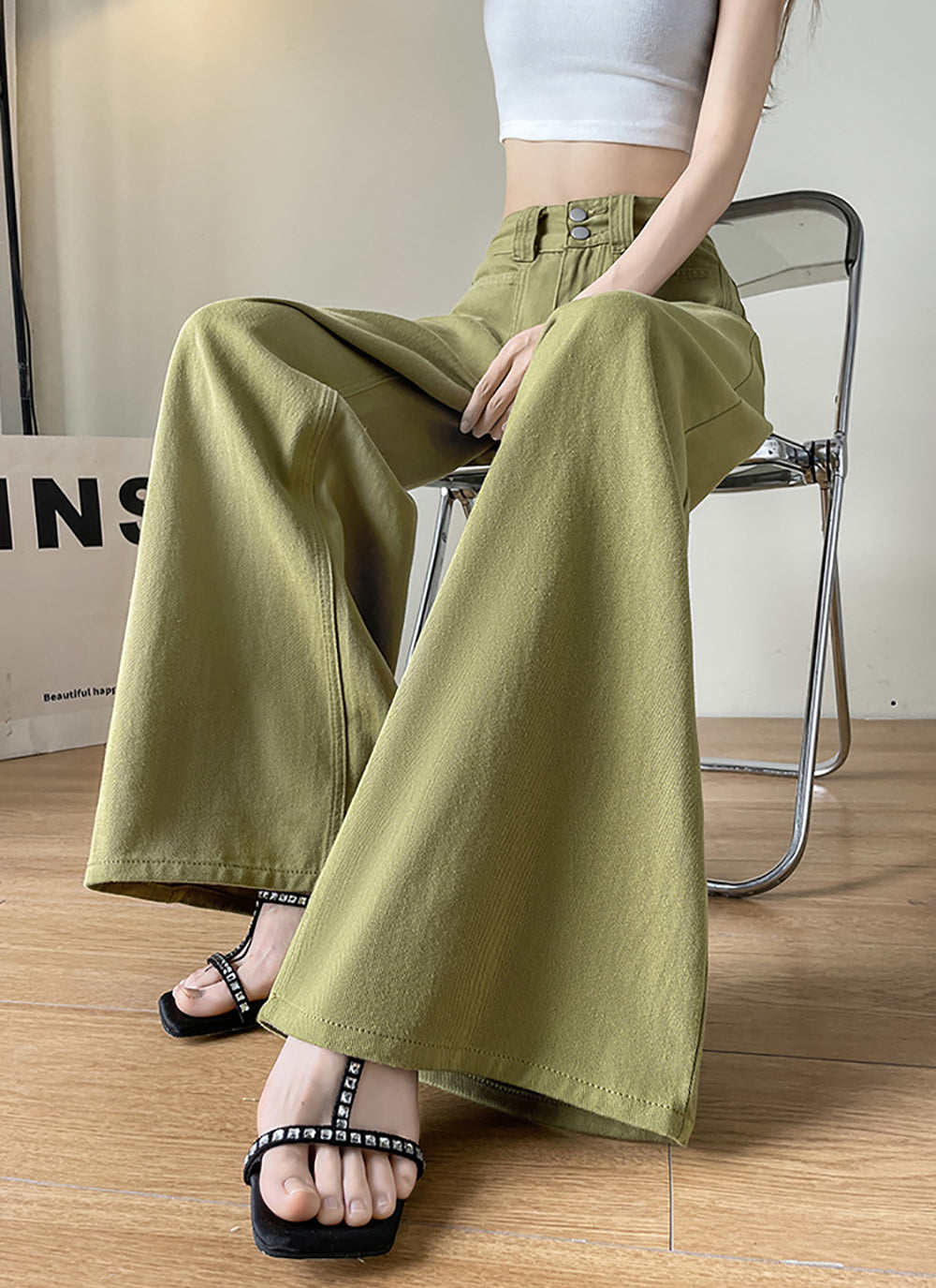 Women Wide Leg Slash Knee Jeans