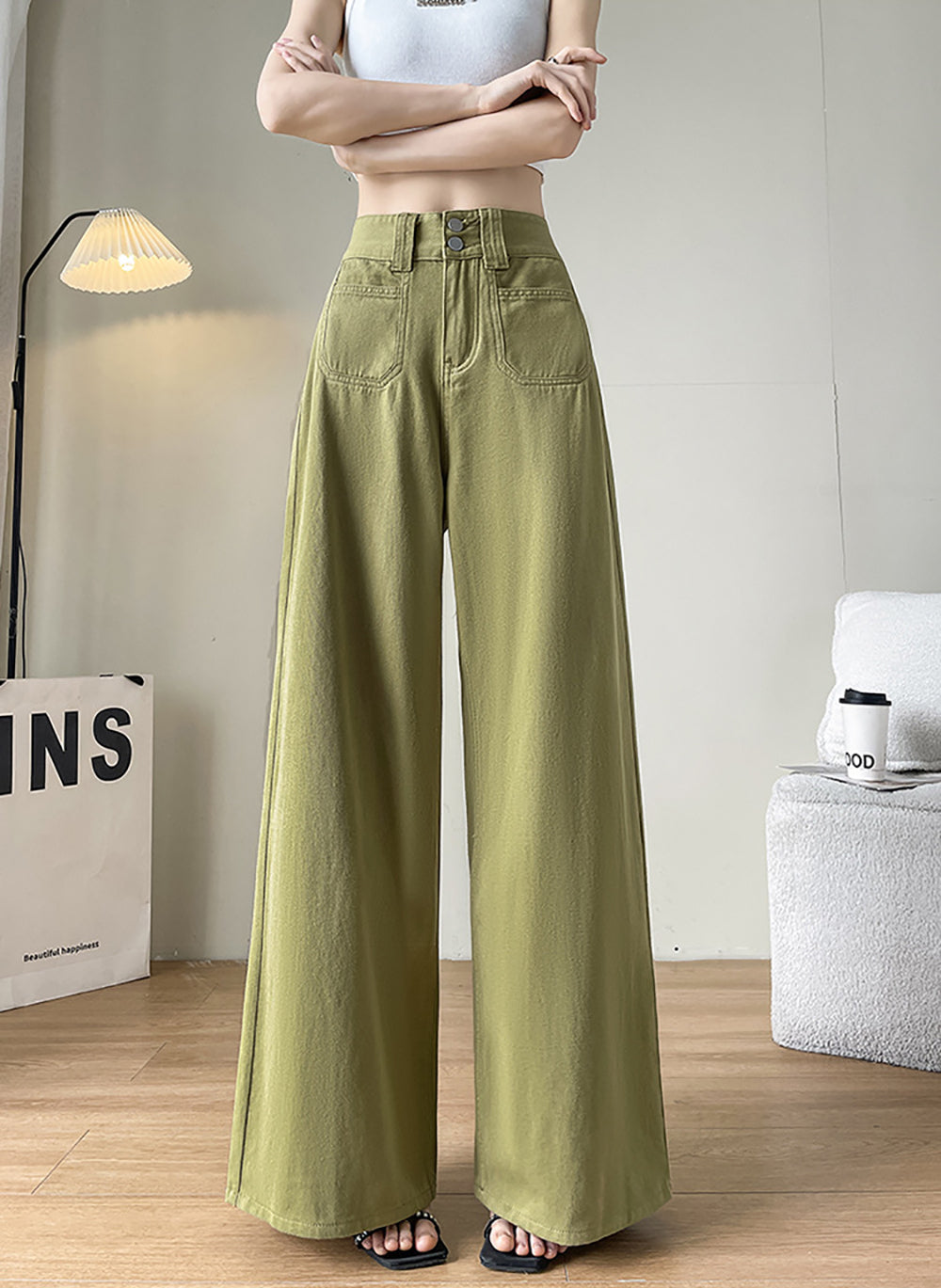 Women Wide Leg Slash Knee Jeans