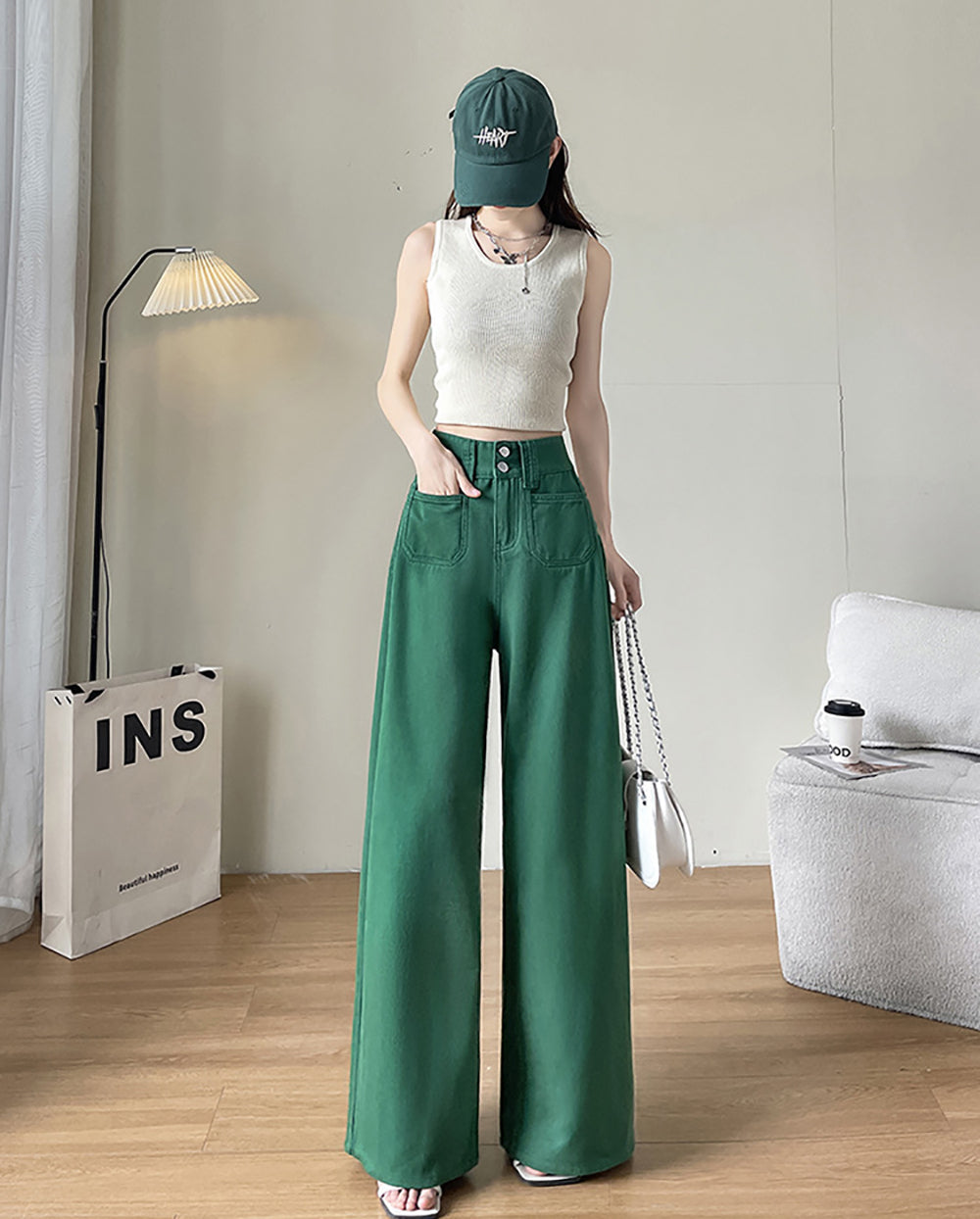 Women Wide Leg Slash Knee Jeans