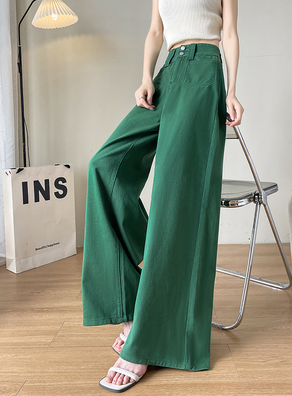Women Wide Leg Slash Knee Jeans
