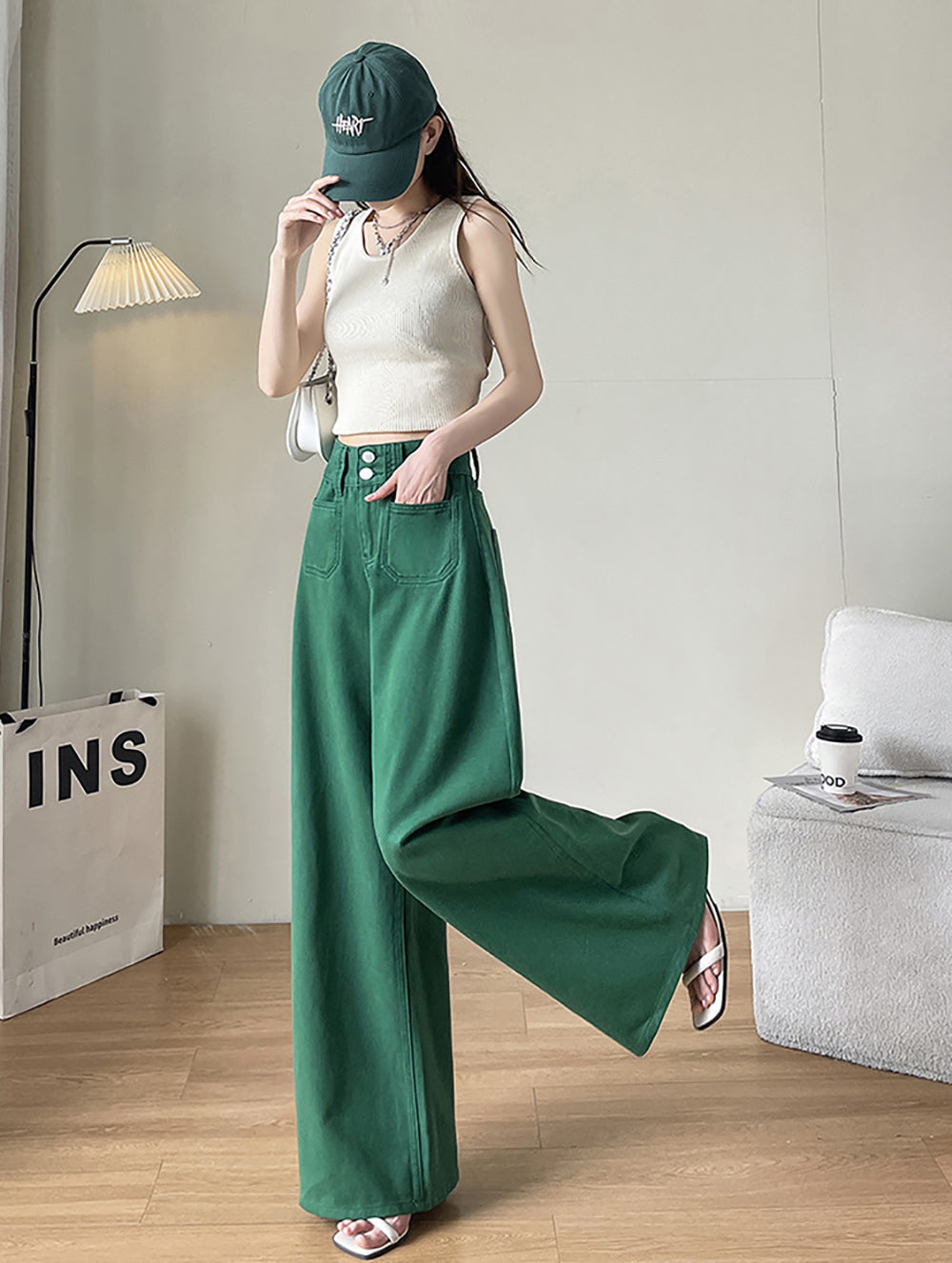Women Wide Leg Slash Knee Jeans